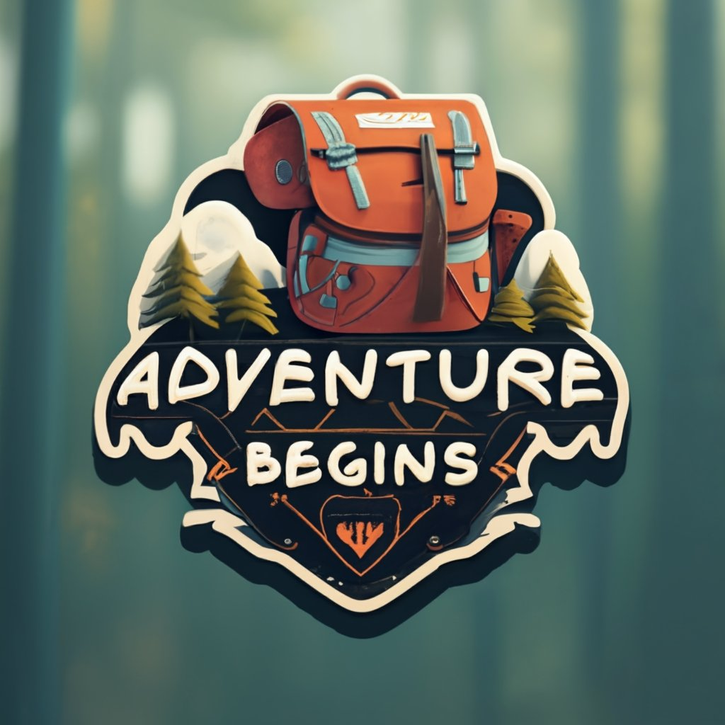 图片展示的是一个复古风格的徽章和贴纸设计,以“Adventure Begins”为文字主题。主体为一个橙色背包,置于山峰和树木背景中,周围环绕着山峰图案。文字“ADVENTURE”和“BEGINS”以粗体呈现,下方有一个带有“HIV”标识的盾牌图案。该设计可传达冒险和挑战的氛围,与上下文介绍的创意运用主题相契合。