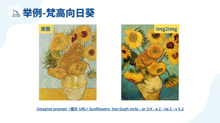 图片展示了Midjourney Img2Img的一个示例，以梵高的《向日葵》画作来说明。左侧为原图，是一幅梵高风格的向日葵插画，右侧为经过Img2Img处理后的图像，同样是向日葵插画，但在色彩等细节上有变化。图片下方给出了对应的指令“/imagine prompt <图片 URL> Sunflowers, Van Gogh style --ar 3:4 --q 2 --iw 2 --v 5.2” ，该图片用于辅助理解上文提到的Midjourney Img2Img过程以及图像权重参数（--iw）的使用。