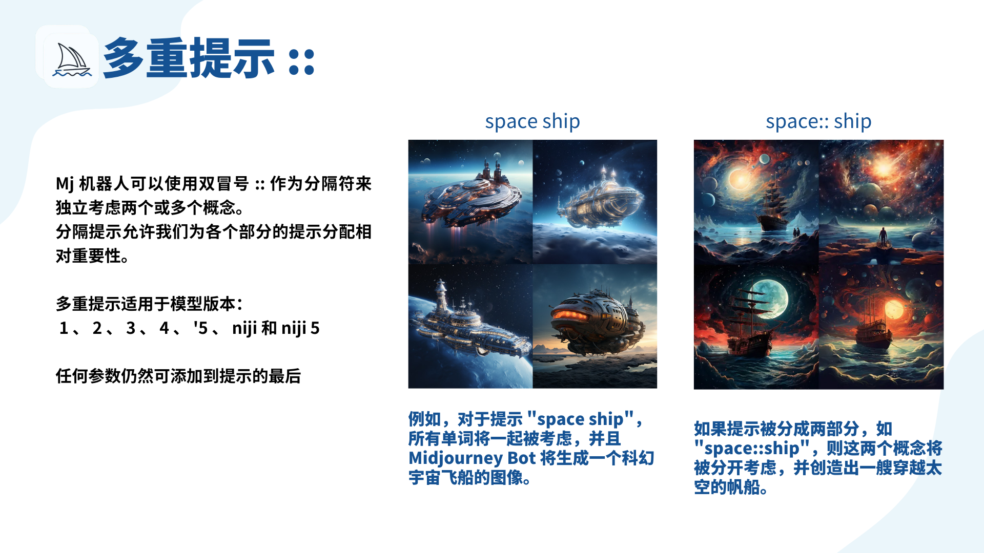 图片展示了Midjourney的多重提示功能。标题为“多重提示::”，说明Mj机器人可用双冒号作为分隔符独立考虑多个概念，能为各部分提示分配相对重要性，适用于多种模型版本。图片中有两组示例图像，左侧是提示“space ship”生成的科幻宇宙飞船图像，所有单词一起被考虑；右侧是提示“space::ship”生成的穿越太空的帆船图像，两个概念分开考虑。该图片直观呈现了多重提示功能的效果，与上下文对多重提示的介绍相呼应。