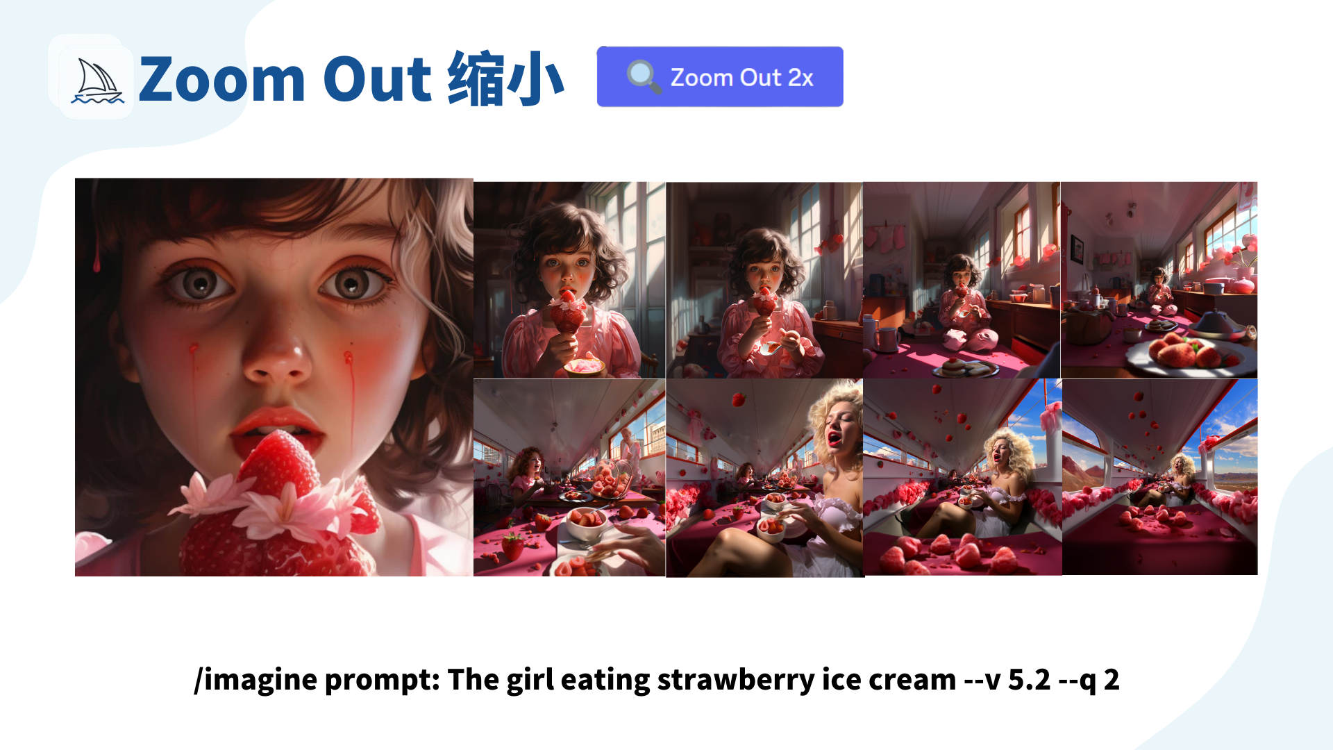 图片展示了Midjourney中“Zoom Out缩小”功能的效果。左上角有“Zoom Out 缩小”和“Zoom Out 2x”标识。左侧是一张女孩吃草莓冰淇淋的特写图，右侧是该图不同程度缩小后的图像，画面逐渐拉远，展现出更多场景细节，包括室内布置和其他人物等。图片下方是提示词“/imagine prompt: The girl eating strawberry ice cream --v 5.2 --q 2”。它与上下文关系紧密，直观呈现了上文对“缩小”功能描述中，将相机拉远并填充细节的效果。