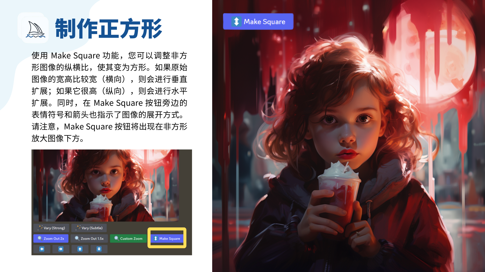 图片展示了Midjourney中“制作正方形”功能。左侧有蓝色图标、“制作正方形”标题及功能介绍：可调整非方形图像纵横比为方形，宽高比宽则垂直扩展，高则水平扩展，按钮旁表情符号和箭头指示展开方式，按钮出现在非方形放大图像下方。右侧是一张女孩手持饮品的图像，上方有蓝色的“Make Square”按钮。下方展示了图像操作栏，其中“Make Square”按钮被黄色框突出显示。此图直观呈现了该功能及其在操作界面中的位置，与上文对“制作正方形”功能的介绍相呼应。