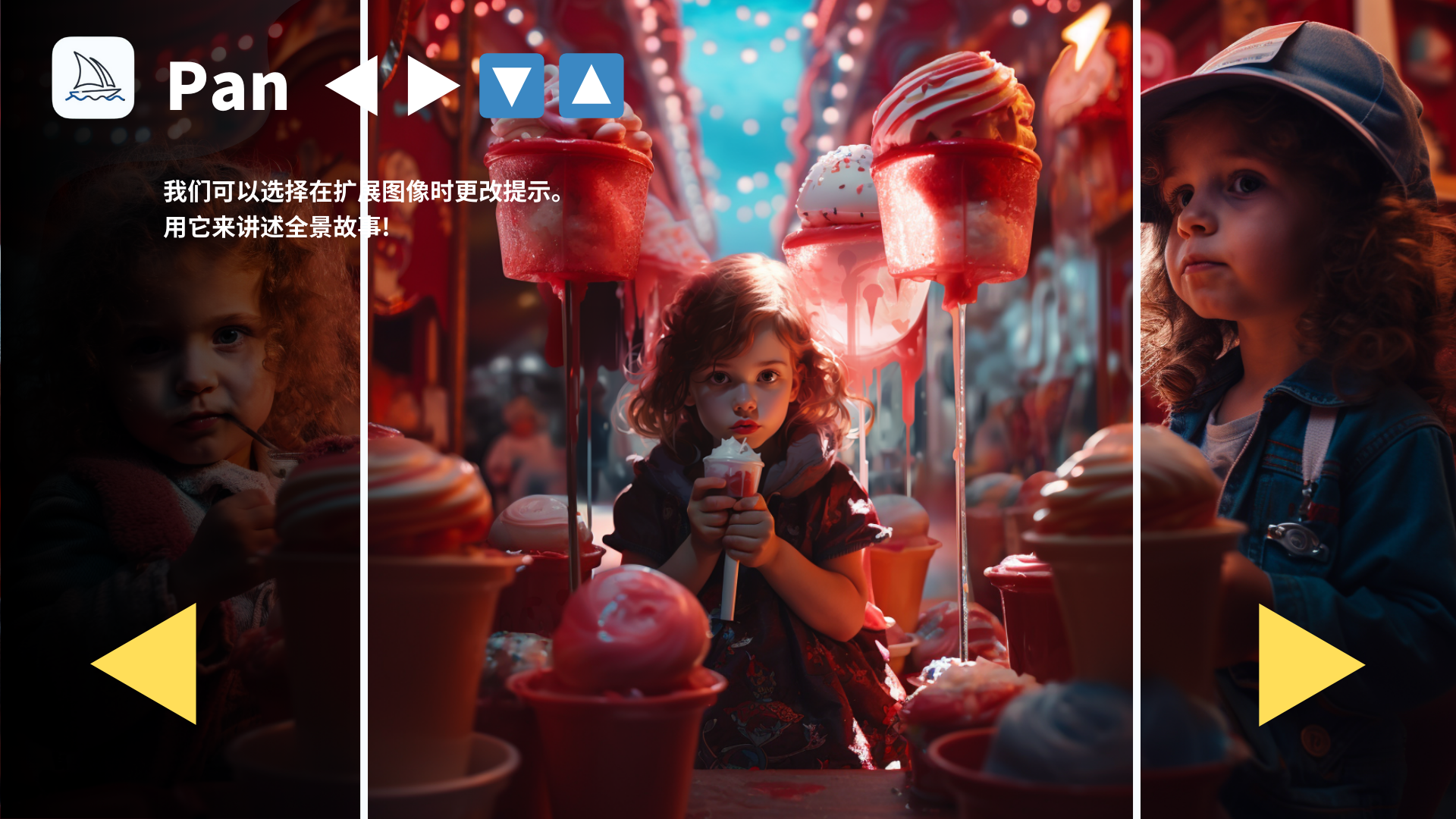 图片展示了Midjourney中“平移（Pan）”功能的效果示例，有三张拼接的图像。画面中有小孩和色彩鲜艳的甜品等元素。上方有“Pan”字样及四个方向箭头图标，表明可沿指定方向扩展画布。文字提示“我们可以选择在扩展图像时更改提示。用它来讲述全景故事！”。该图片与上文介绍的“平移”功能相呼应，直观呈现了使用该功能扩展图像的视觉效果，帮助用户理解该功能如何用于讲述全景故事。