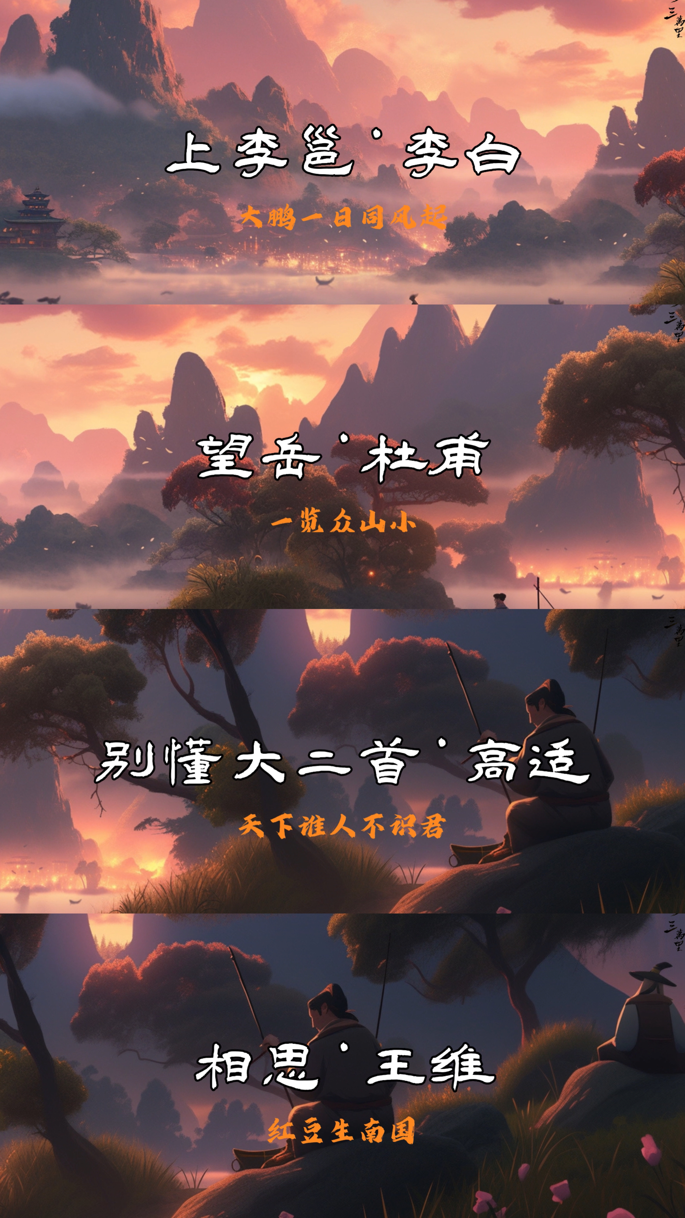 图片展示了四幅中式山水风格的画面。从上至下依次对应李白的《上李邕》（“大鹏一日同风起”）、杜甫的《望岳》（“一览众山小”）、高适的《别董大二首》（“天下谁人不识君”）、王维的《相思》（“红豆生南国”）。每幅画面背景皆为山川、云雾、落日等自然景色，画面中还分别有建筑、人物等元素。此图位于介绍Midjourney制作全景视频内容处，可能是Midjourney生成的示例作品，用以展示其绘图效果。