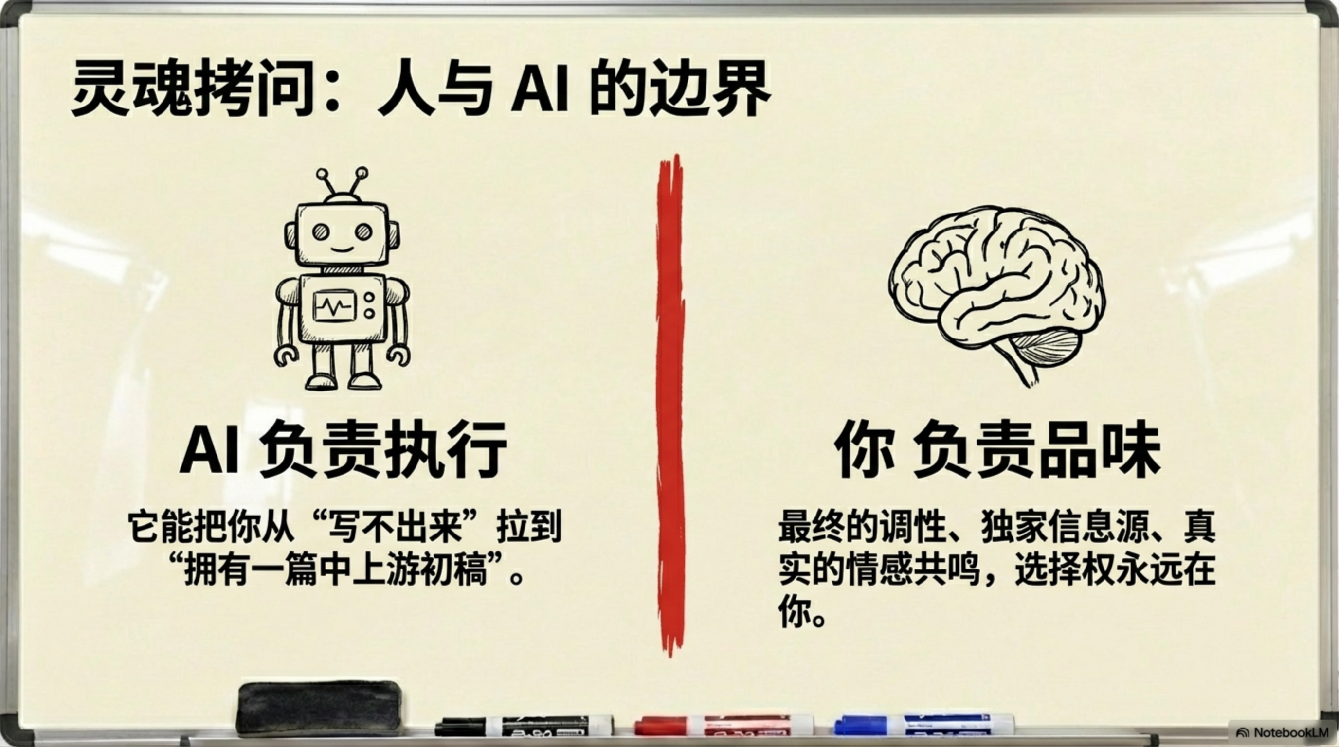 图片标题为“灵魂拷问：人与AI的边界”，左侧以机器人形象代表AI，标注“AI负责执行”，其下说明AI能将人从“写不出来”拉到“拥有一篇中上游初稿”。右侧以大脑形象代表人，标注“你负责品味”，其下说明最终调性、独家 addCriterion图片