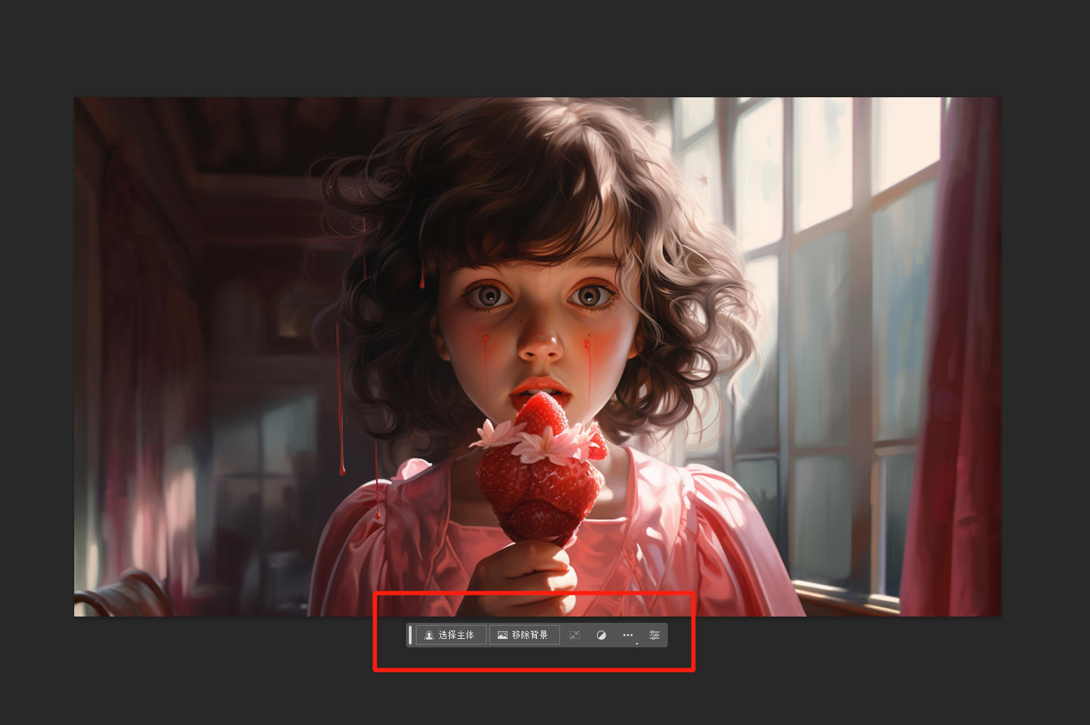 图片展示了Photoshop AI创成式填充功能的界面。画面中是一个小女孩吃草莓的场景，下方有三个工具按钮，分别是“选择主体”“删除背景”“编辑修复”，其中“删除背景”按钮被红色框线突出显示。该图片与上下文紧密相关，上下文介绍了PS AI创成式填充功能，此图直观呈现了该功能在PS中的操作界面及部分功能按钮，帮助用户理解其在图像处理中的应用。