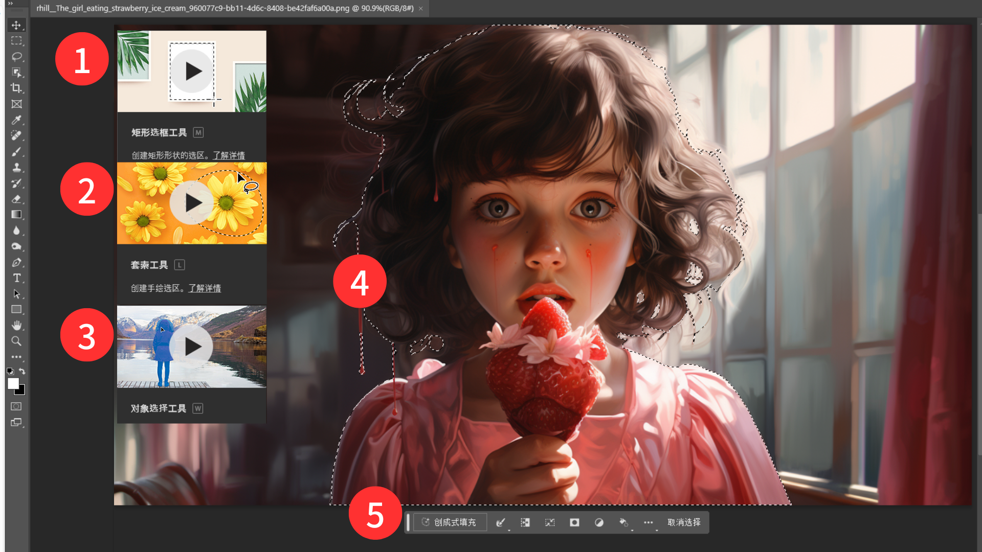 图片展示了Photoshop AI创成式填充工具的界面及使用效果。画面右侧是一位小女孩正在吃冰激凌的插画，左侧是工具栏，分别标注了“图形工具”“套索工具”“对象选择工具”“对角选择工具”等。画面中还用红色数字标注了关键部分，如“图形选择工具”“套索工具”“对象选择工具”“对角选择工具”等，以及所选内容的虚线框和任务栏。该图与上下文介绍的PS AI创成式填充工具相关，直观呈现了工具栏及使用效果。
