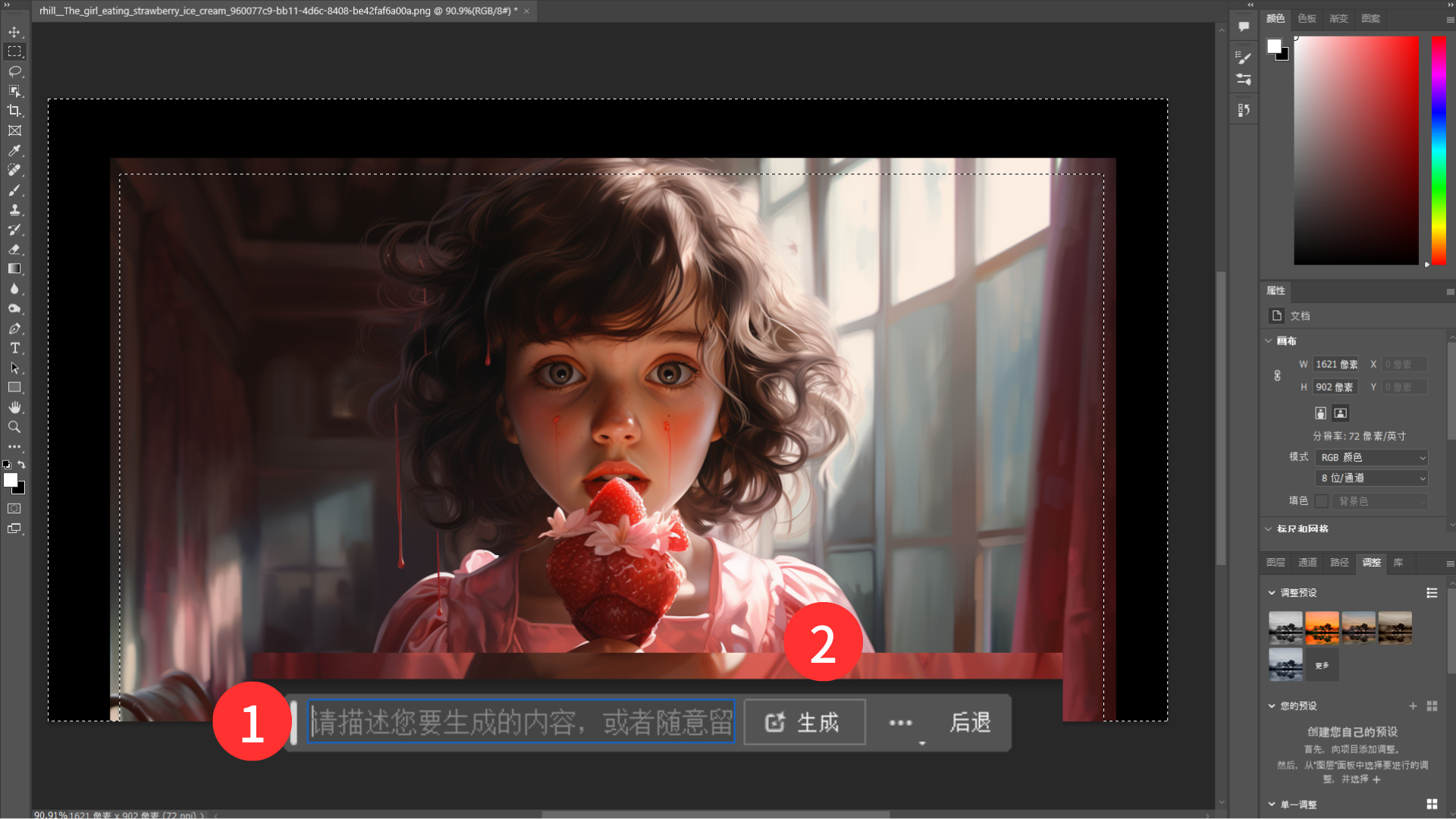 图片展示了Photoshop AI创成式填充操作界面。画面中有一个小女孩吃草莓的图像，周围有黑色选区。左侧有文字提示输入框①，提示“请描述您要生成的内容，或者随意留空”，右侧有“生成”按钮②。该图片与上文内容相关，直观呈现了使用创成式填充时的界面状态，帮助理解操作步骤，即先在画布边缘形成选区，然后单击创成式填充按钮，此时会弹出此界面，用户可在此输入提示词进行填充。