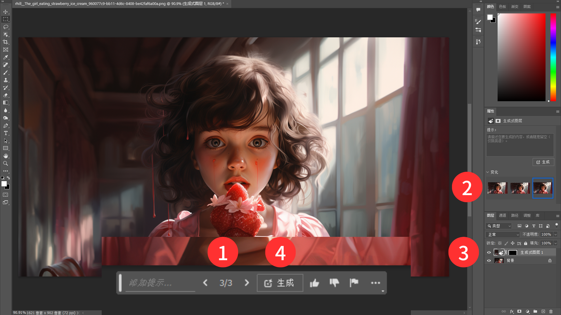 图片展示了Photoshop AI创成式填充功能的使用效果。画面中是一个女孩吃草莓的场景，画面右下角有三个变体选项①，点击“生成”按钮②可生成新图层③，新图层带有蒙版，原始图像保持不变。若对结果不满意，可再次点击“生成”按钮，提供三种新的变体。该图与上下文紧密相关，直观呈现了创成式填充操作后的图像及变体选择情况。