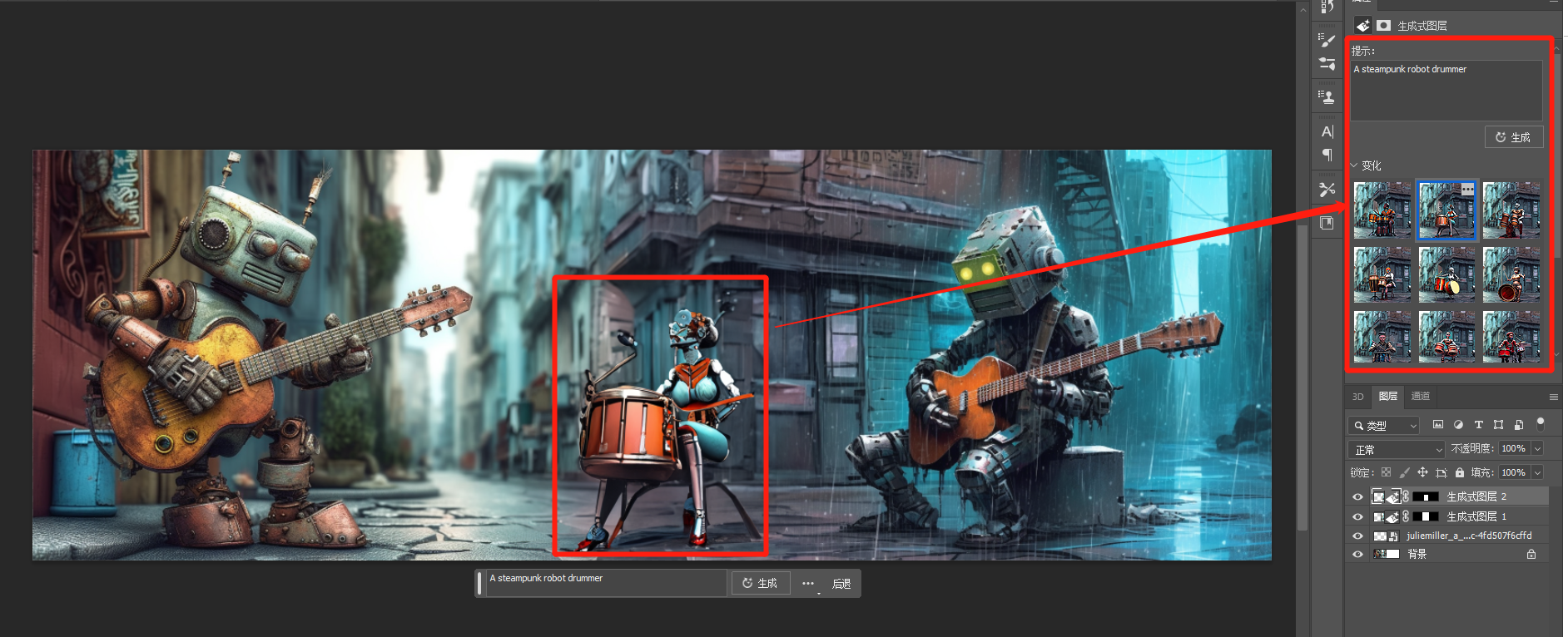 图片展示了在Photoshop中使用创成式填充功能添加蒸汽朋克机器人鼓手的示例。画面左侧是两个机器人弹吉他的场景，中间部分被红框突出显示。右侧是PS界面，右侧红框内是生成的多个机器人鼓手图像选项，下方有“生成”按钮。该图片与上下文紧密相关，直观呈现了在两个机器人之间选择矩形区域后，提示PS创建蒸汽朋克机器人鼓手这一操作后的效果，体现了PS AI创成式填充功能的应用。