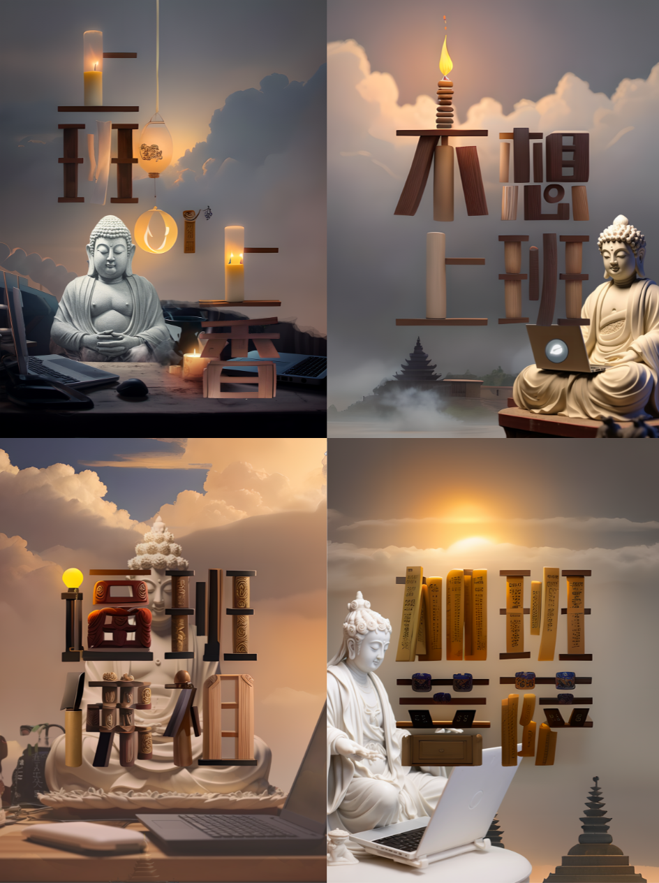 图片展示了四张带有艺术字的海报。左上角是“不香”的艺术字，背景有佛像、香炉等元素；右上角是“不想上班”的艺术字，背景有佛像、香炉、电脑等；左下角是“不香”的艺术字，背景有佛像、香炉、书架等；右下角是“不想上班”的艺术字，背景有佛像、香炉、书架、电脑等。这些海报与文档中“海报艺术字”部分相关，展示了不同艺术字在不同背景下的呈现效果。