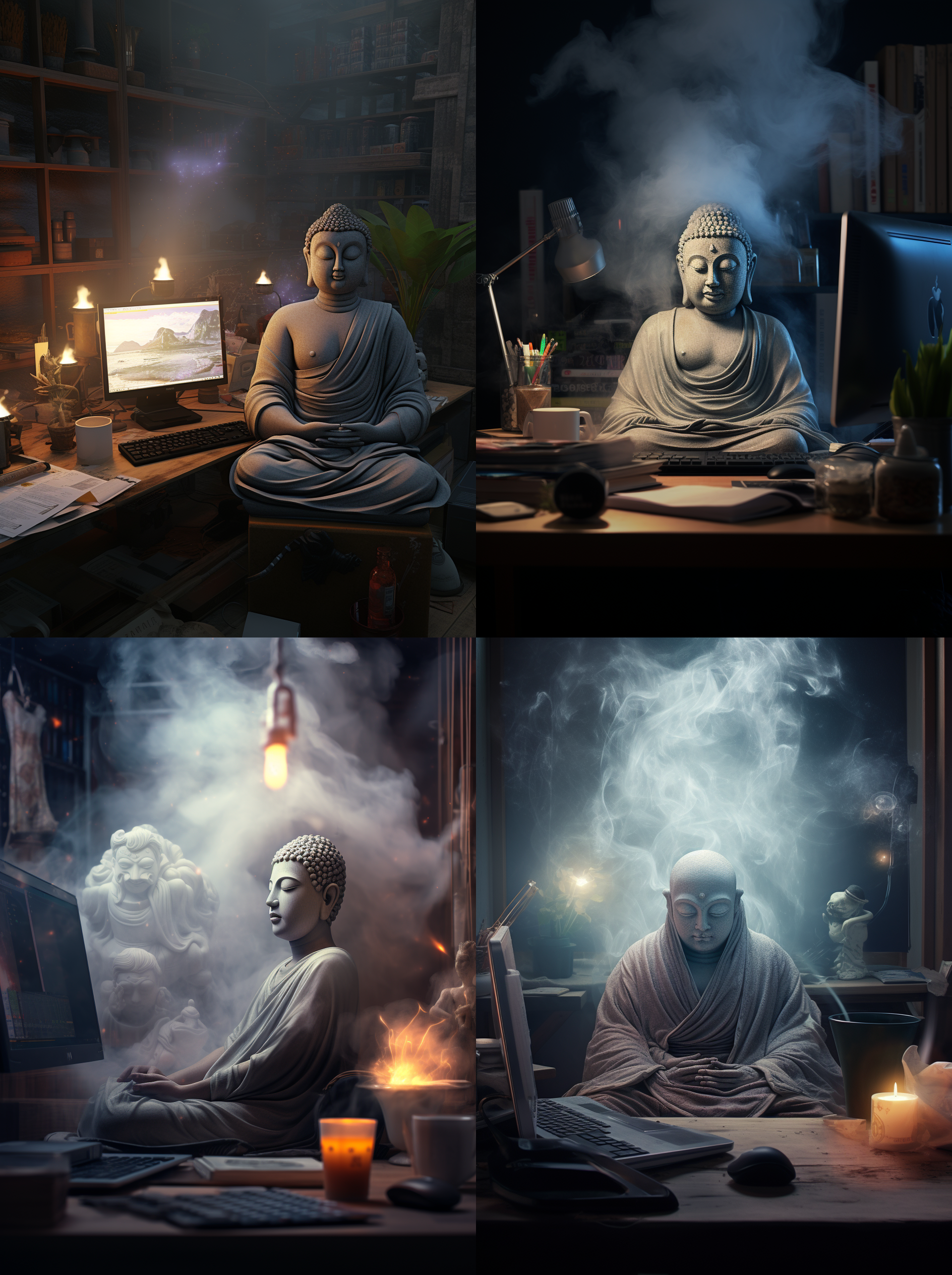 图片展示了四张佛祖在办公室场景的艺术字效果。佛祖或端坐于电脑前，或在电脑旁打瞌睡，桌上摆放着电脑、文件、台灯等物品，还配有香炉、蜡烛等元素，营造出上班与上香的氛围。其中，第4张佛祖在电脑前打瞌睡，更符合“上班OR上香”的主题，与文档中“结合图片主题，选择第4张，更符合氛围”的说明相契合。