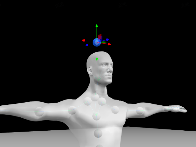 图片展示了SD云端版本姿势生图功能中的3D人体模型。人体头顶上方有一个蓝色中心球,周围有彩色的定位线(横向x轴、纵向y轴、竖向z轴)。人体身上分布着多个灰色关节球。根据上下文,点住蓝色小球拖动可360度切换视角和角度,点击蓝色小球可触发定位线并拖动人体位置;点击灰色关节球会出现圆形线,可调整不同角度,每个灰色小球都能作为点位对身体部位和局部关节进行灵活调整。