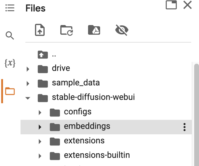 图片显示了一个文件夹结构,其中包含“stable-diffusion-webui”文件夹,该文件夹下有“configs”和“embeddings”两个子文件夹。图片中的“embeddings”文件夹被高亮显示,这与上下文中提到的“要安装嵌入,请将文件拖放到stable-diffusion-webui>embeddings”相吻合。图片在上下文中起到示例作用,帮助读者理解如何在Google Drive中找到并使用嵌入文件。