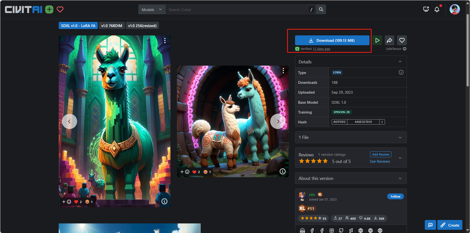 图片显示了一个名为“DreamShaper”的模型的下载页面,页面顶部有一个下载按钮,旁边显示文件大小为10.13 MB。页面左侧展示了一个像素化的羊驼图像,右侧则展示了两个色彩鲜艳的羊驼图像。页面底部有用户评论和评分信息。图片在上下文中用于说明如何从Civita安装模型,具体步骤是复制用于下载模型的URL链接,通过右键单击“下载”按钮并选择“复制链接地址”来获取链接。