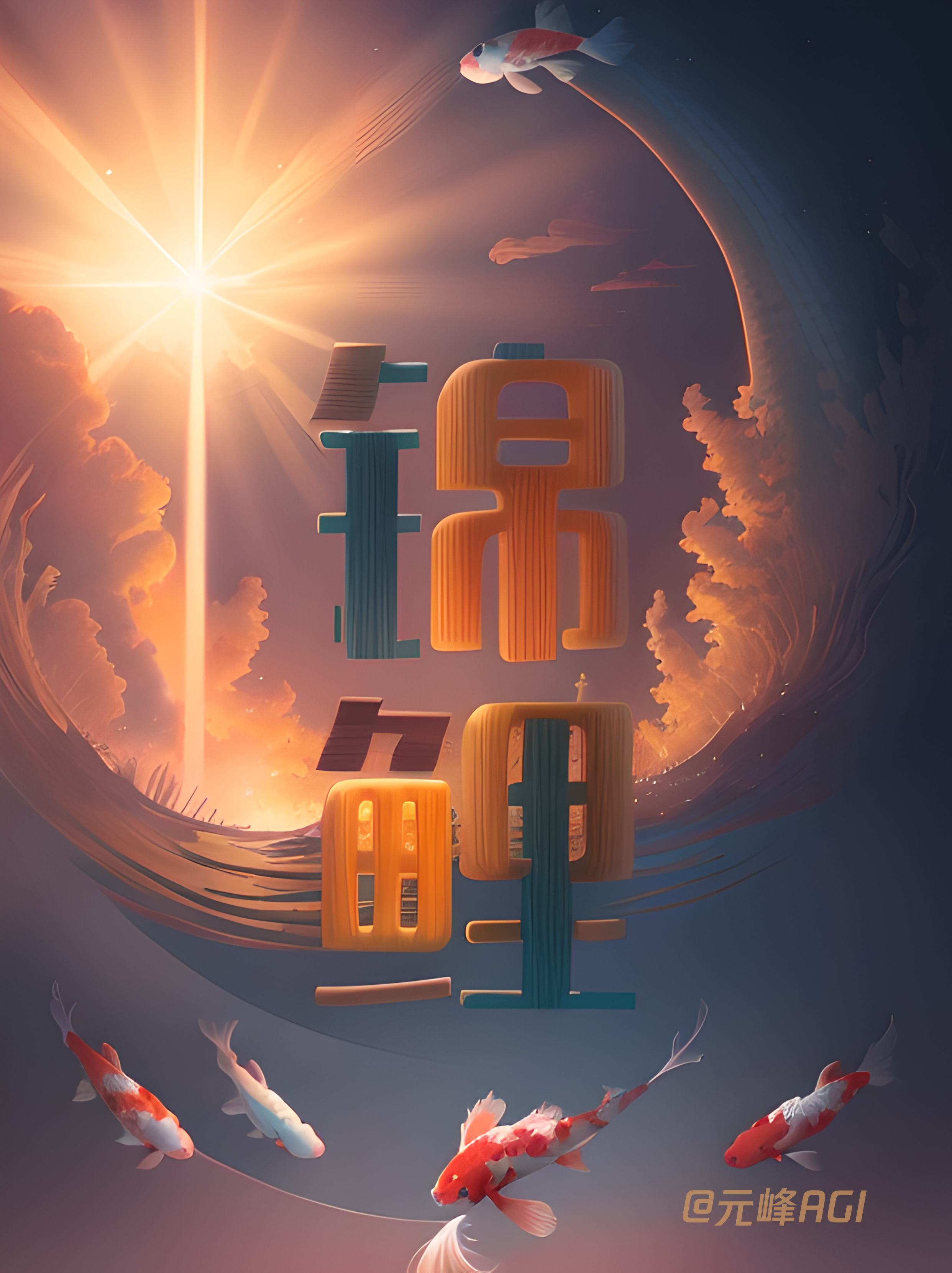 图片以“锦鲤”为主题，背景为深蓝色夜空，有橙色光束从左上角射出，云朵和飞鸟点缀其间。画面下方有几条色彩斑斓的锦鲤在水中游动。图片右下角有“@元峰AGI”的标识。该图片位于文档总结部分，结合上下文可知，作者感谢了“AI之心写作营”组局及小林提供的建议，此图可能是作者对创作或学习的鼓励与美好祝愿，与文档中提到的“先入局，持续学习，再优化”等创作理念相呼应。