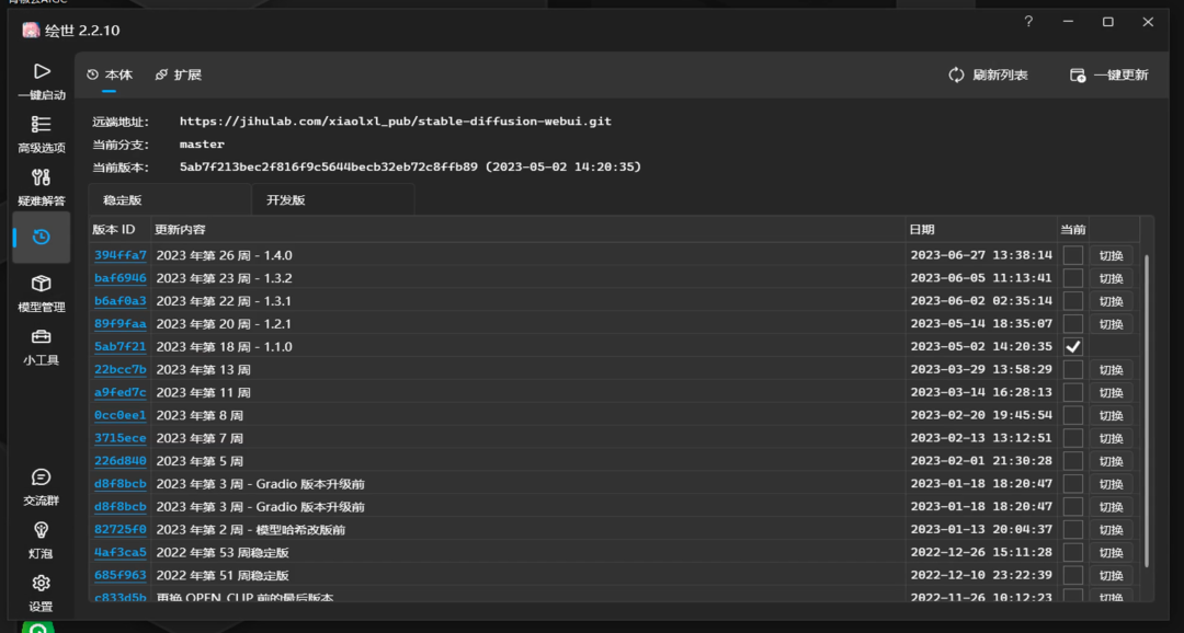 图片展示的是启动成功后的Stable Diffusion界面。界面左侧有“一键启动”“高级选项”“疑难解答”等功能按钮,右侧显示了远端地址为https://jihulab.com/xiaolxl_pub/stable-diffusion-webui.git,当前分支为master,当前版本有具体的代码编号及时间(2023 - 05 - 02 14:20:35)。下方列表呈现了多个版本ID、开发版、日期等信息,每行右侧还有“切换”按钮。该图与上文提到的启动Stable Diffusion后界面相对应,直观呈现了启动后的操作界面情况。