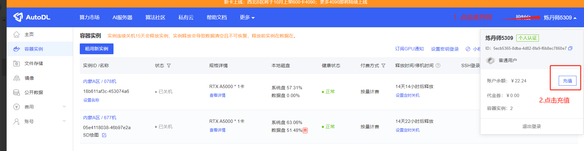 图片展示的是AutoDL平台容器实例页面。页面左侧有导航栏,选中“容器实例”。右侧显示两个容器实例信息,分别为内蒙A区/078机和内蒙A区/677机,均处于已关机状态,配置为RTX A5000 - 1卡。右侧还显示了账户余额、代金券等信息,右下角有“充值”按钮。图片与上下文的关系是,上下文提到在创建AI绘画环境时,需点击“租用新实例”,此图即为租用新实例后的容器实例页面,用于后续选择镜像等操作。