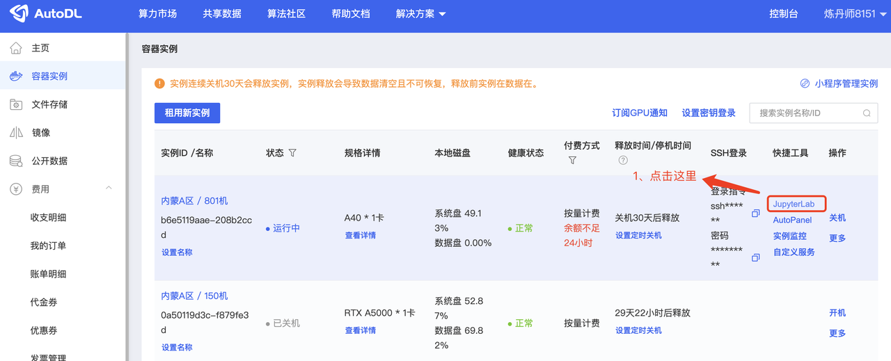 图片展示的是AutoDL平台容器实例页面。页面左侧为导航栏,有主页、容器实例等选项。右侧是容器实例列表,显示了实例ID、名称、状态、规格详情、本地磁盘、健康状态、付费方式、释放时间/停机时间、SSH登录等信息。其中,bfe65f19a...208b2cc...d实例处于运行中状态,其SSH登录处有“JupyterLab”选项被红色框突出显示,对应上下文“第四步:启动Stable Diffusion环境”中“点击启动器之后,会看到下面的界面,我们点击运行按钮即可”的操作步骤。