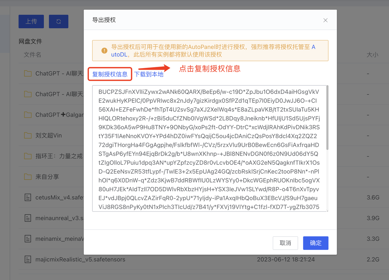 图片展示的是在AutoDL中导出授权的弹窗界面。弹窗标题为“导出授权”,下方有“复制授权信息”和“下载到本地”两个选项,其中“复制授权信息”被红色箭头突出指向。弹窗内显示了一段授权信息。该图片与上下文紧密相关,上下文提到在完成授权后,需点击导出授权,然后将授权信息复制出来,此图即展示了复制授权信息的操作界面,直观呈现了操作步骤中的关键环节。