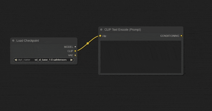 图片展示了ComfyUI界面中节点连接的示例。左侧为“Load Checkpoint”节点，右侧为“CLIP Text Encode (Prompt)”节点。黄色箭头从“Load Checkpoint”节点的“clip”输出指向“CLIP Text Encode (Prompt)”节点的“clip”输入，表明两者连接成功。该图片与上下文紧密相关，直观呈现了文档中介绍的连接节点操作，即通过拖动输入释放到空白区域获取兼容节点列表，以及输入和输出仅在颜色相同时才兼容的规则。