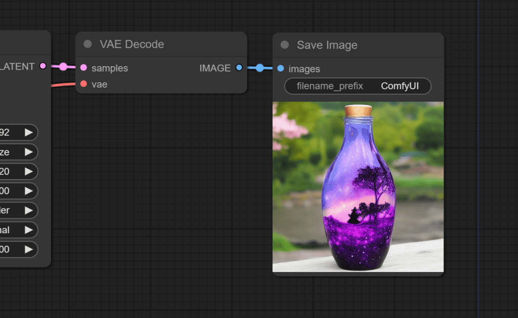 图片展示了ComfyUI中VAE Decode节点的工作流程。左侧有Latent输入，VAE Decode节点接收samples和vae输入，输出IMAGE。右侧是Save Image节点，接收images输入，显示并允许下载像素图像，其下方有filename_prefix和ComfyUI参数。该图与上下文紧密相关，直观呈现了上下文提到的VAE Decode节点有2个输入，且与最终传递给Save Image节点以显示像素图像的流程对应。