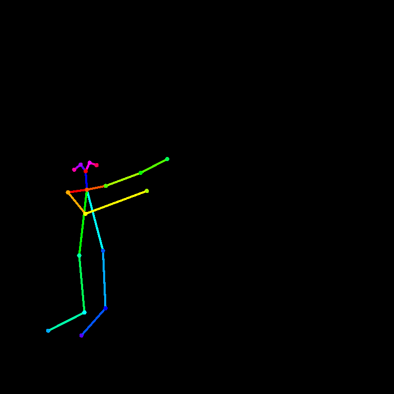 图片展示的是OpenPose ControlNet的示例图像。画面中呈现一个人形轮廓，由多条彩色线条构成，线条连接着多个彩色点，形成类似骨骼的结构。线条颜色有绿色、蓝色、黄色、红色等，点的颜色与对应线条相同。该图用于说明在ComfyUI中加载此图像以获得使用OpenPose ControlNet进行工作流程的完整示例，是上下文介绍OpenPose ControlNet案例时所使用的输入图像。