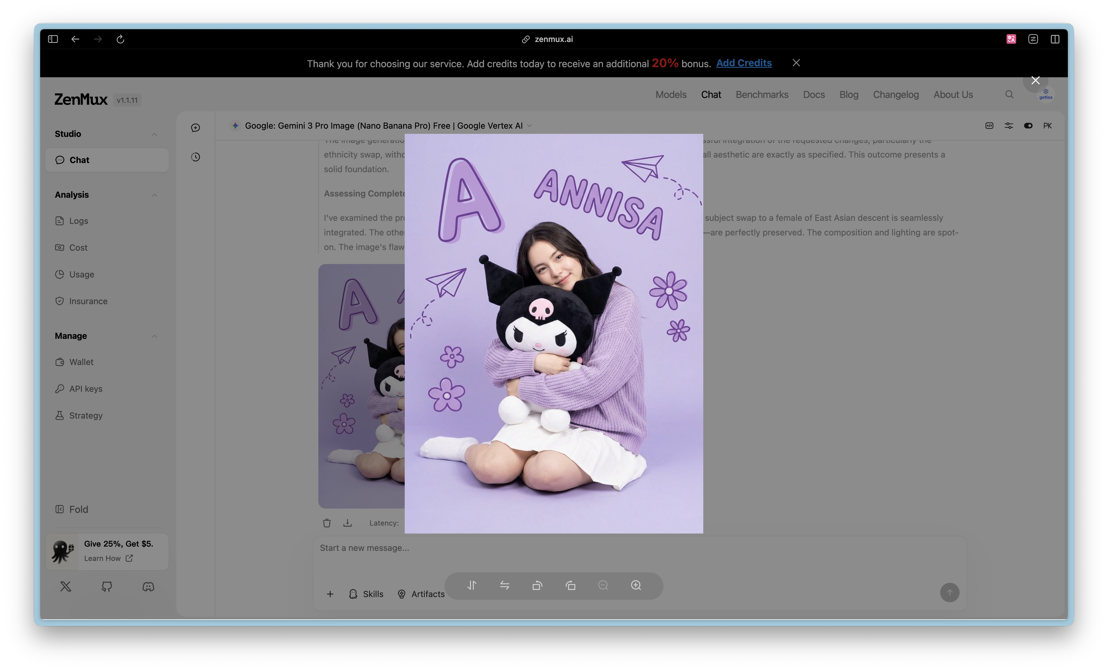 图片展示了ZenMux平台的界面，中央大幅显示一张女孩怀抱玩偶的图片，女孩穿紫色上衣和白色裙子，玩偶黑色，背景为淡紫色，上方有字母“A”和“ANNISA”。界面上方有“Thank you for choosing our service. Add credits today to receive an additional 20% bonus. Add Credits”的提示。该图片与上文提到的Nano Banana Pro已接入ZenMux平台相呼应，直观呈现了ZenMux平台的操作界面及其中展示的内容。