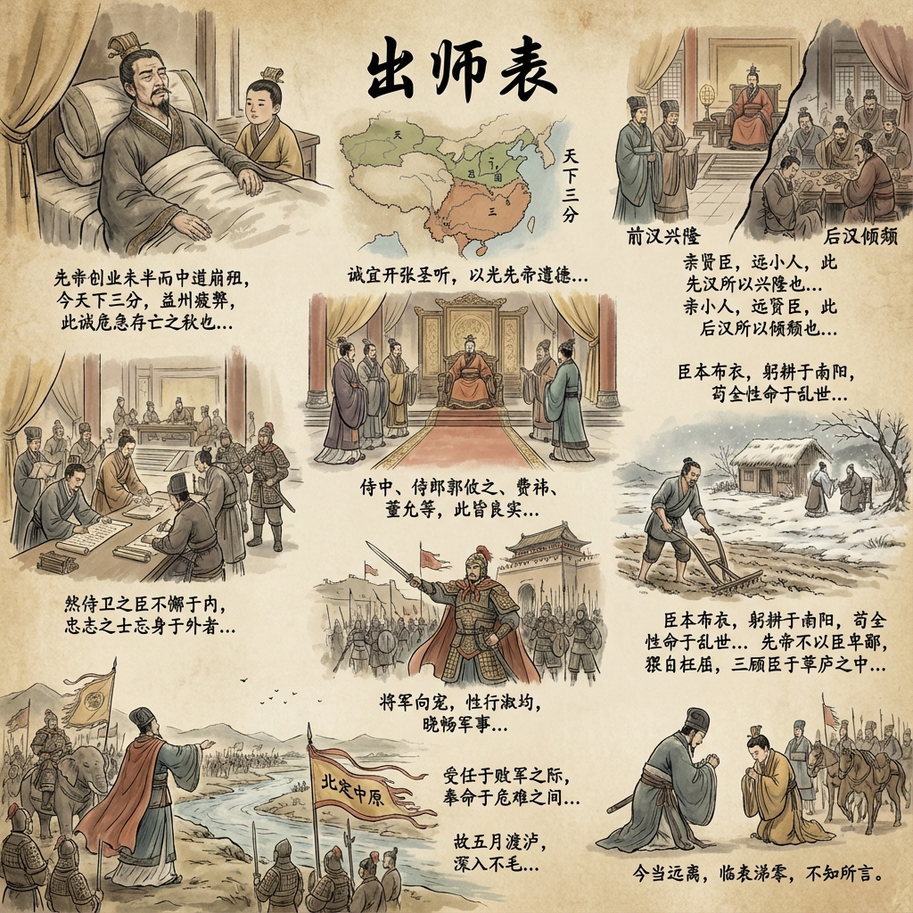 图片为《出师表》分镜图，以古代中国地图为背景，呈现诸葛亮向刘禅上表的场景。画面中诸葛亮身着深色长袍，坐在床榻上，刘禅则跪于床前。周围有文臣武将、士兵等人物，或在讨论，或在行礼。图中还配有相关文字，如“先帝创业未半而中道崩殂，今天下三分，益州疲弊，此诚危急存亡之秋也...”等，与《出师表》内容相契合，直观呈现了表文中的关键情节。