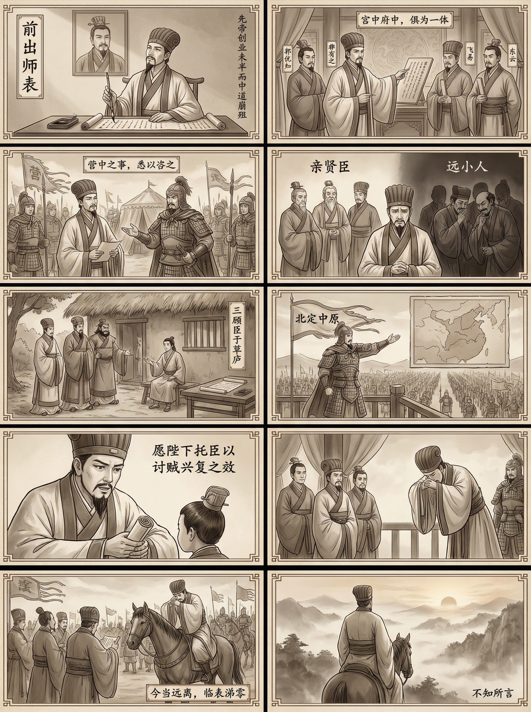 图片为《前出师表》分镜图，共九格画面。首格是诸葛亮写《出师表》；第二格是诸葛亮在宫中与人讨论；第三格是诸葛亮在亲贤臣、远小人；第四格是诸葛亮在草庐中与刘备商议；第五格是诸葛亮北定中原；第六格是诸葛亮向后主刘禅辞行；第七格是诸葛亮与后主刘禅交谈；第八格是诸葛亮骑马出征；第九格是诸葛亮远去，不知所言。此图与文档中介绍的《前出师表》内容相契合，以分镜形式呈现故事场景。