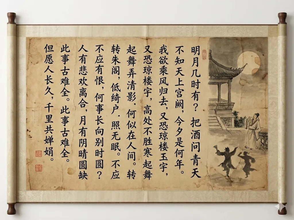 图片展示了一幅古画，画面右侧有两人在月下起舞，左侧是古风建筑。画面上方有苏轼的《水调歌头·明月几时有》全文，诗中表达了对月的赞美与对人间美好生活的向往。该图片位于“第3组：封神归来：其他AI模型全都给我跪下！”内容之后，可能是作为该组内容的背景或插图，与AI绘画大模型的展示相呼应，体现古风文化元素。