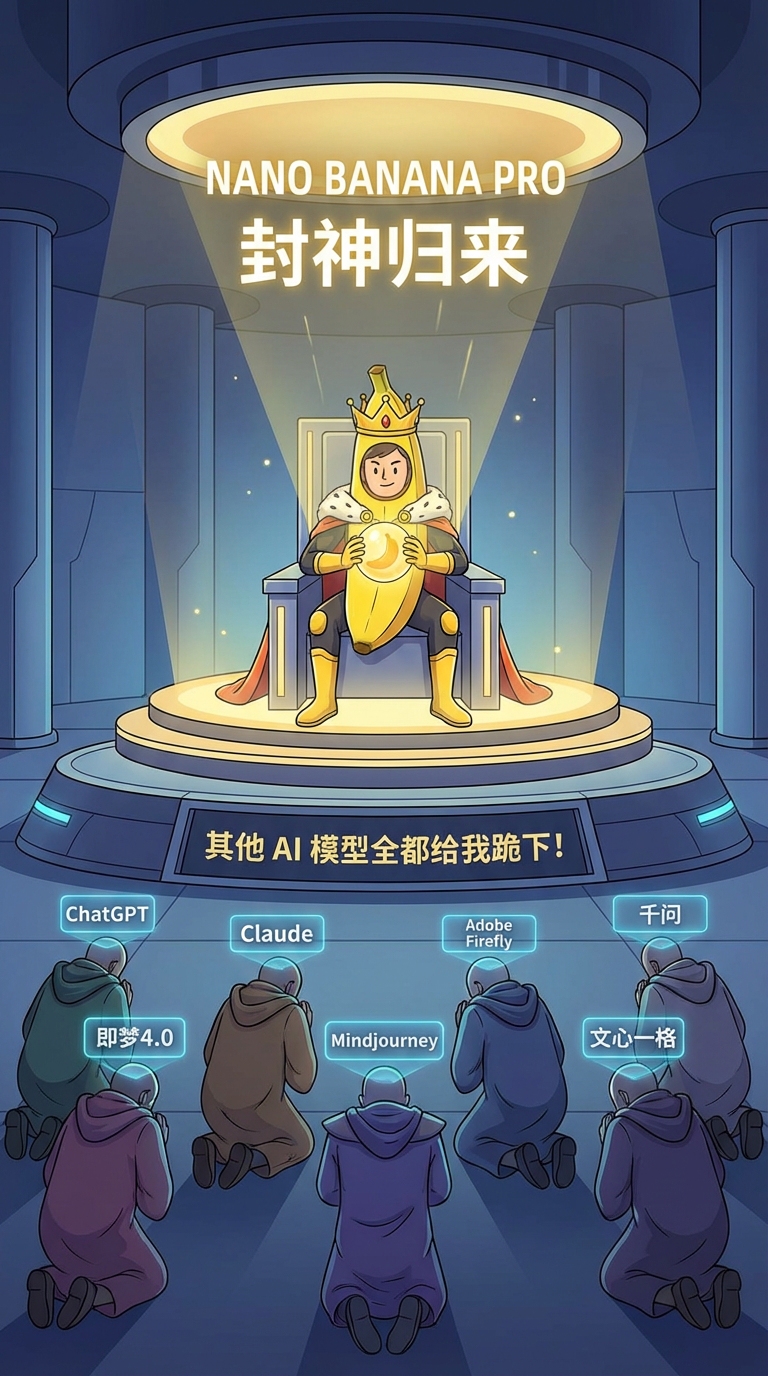 图片展示的是Nano Banana Pro上线后的实测案例中，第2组“长文古画”生成的古画画面。画面中，一位身穿黄色长袍、戴着王冠的人物坐在宝座上，宝座周围有“NANO BANANA PRO”“封神归来”等文字。宝座下方，ChatGPT、Claude、Adobe Firefly等AI模型人物跪拜，画面底部写着“其他AI模型全都给我跪下！”。该图片直观呈现了Nano Banana Pro在古画生成方面的效果。