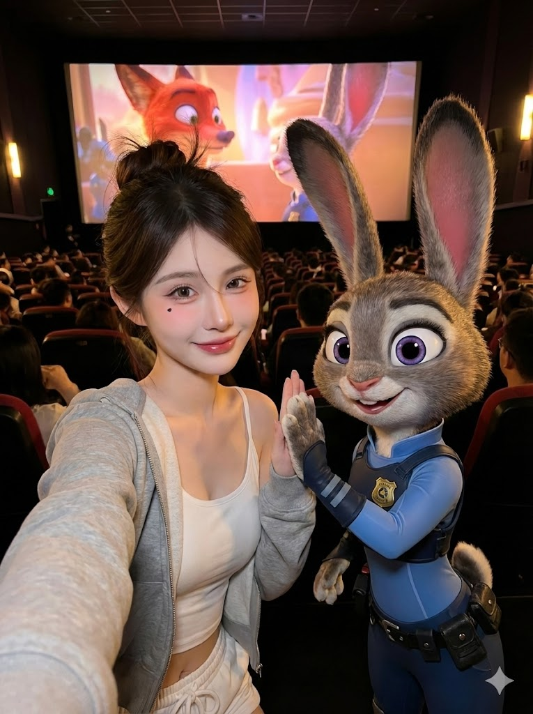 图片展示了一位女性与《疯狂动物城》中的朱迪警官角色合影的场景。女性身着白色上衣和灰色外套,扎着高马尾,面带微笑。朱迪警官穿着蓝色警服,戴着警徽,右手与女性比心。背景为电影院,大屏幕上播放着《疯狂动物城》的动画片段。这张图片与上文提到的AI时代普通人可利用高质量热点素材合影的内容相契合,展示了AI技术在娱乐场景中的应用。