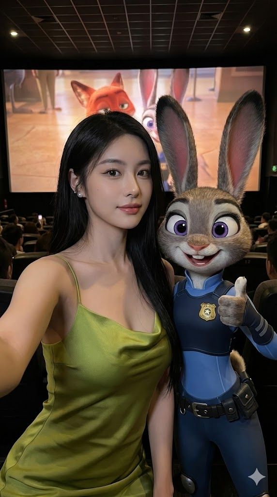图片展示了一位女性与《疯狂动物城》中的朱迪警官合影的场景。女性身着绿色吊带裙,长发披肩,面带微笑。朱迪警官穿着蓝色制服,头戴兔耳朵,竖起大拇指,背景为电影院内,大屏幕上播放着《疯狂动物城》的片段。这张图片是对上文“教你5分钟和朱迪警官‘真实’合影”的示例呈现,直观展示了通过AI技术生成的合影效果。