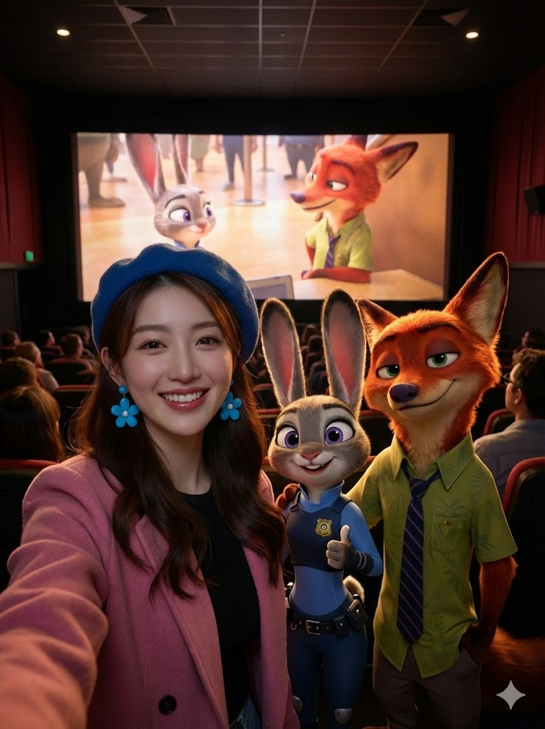 图片展示了一位女士在电影院内与《疯狂动物城》中的朱迪警官和尼克狐狸合影的场景。女士戴着蓝色发箍,穿着粉色外套,面带微笑。背景中大屏幕上播放着电影画面,画面中朱迪警官竖起大拇指,尼克狐狸则做出搞怪表情。该图片与上文“想换角色?把‘朱迪’改成‘尼克狐狸’或‘树懒闪电’”的内容相关,直观呈现了在不同角色下与电影角色合影的效果。