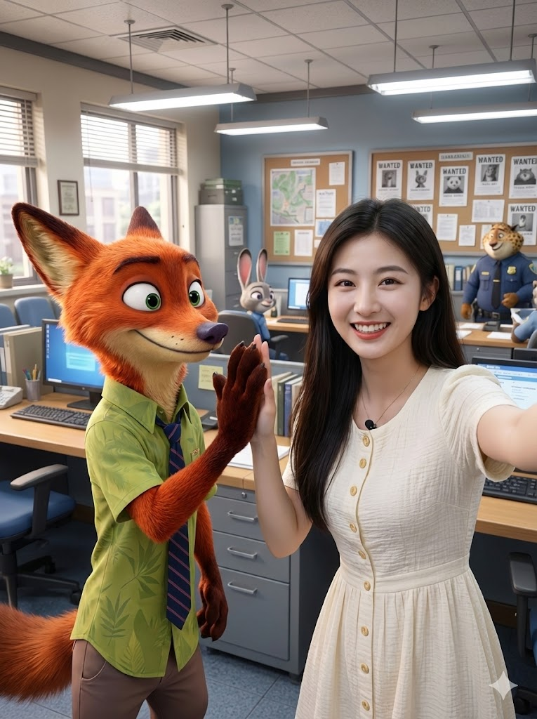 图片展示了一位女性与动画角色尼克狐狸的合影。女性身着白色连衣裙,面带微笑,左手举起自拍。尼克狐狸穿着绿色衬衫,棕色裤子,左手与女性击掌。背景为办公室场景,有办公桌、电脑、海报等。该图片与上文“想换动作?把‘竖起大拇指’改成‘击掌庆祝’或‘搞怪表情’”的内容相关,直观呈现了通过调整动作可实现的合影效果。