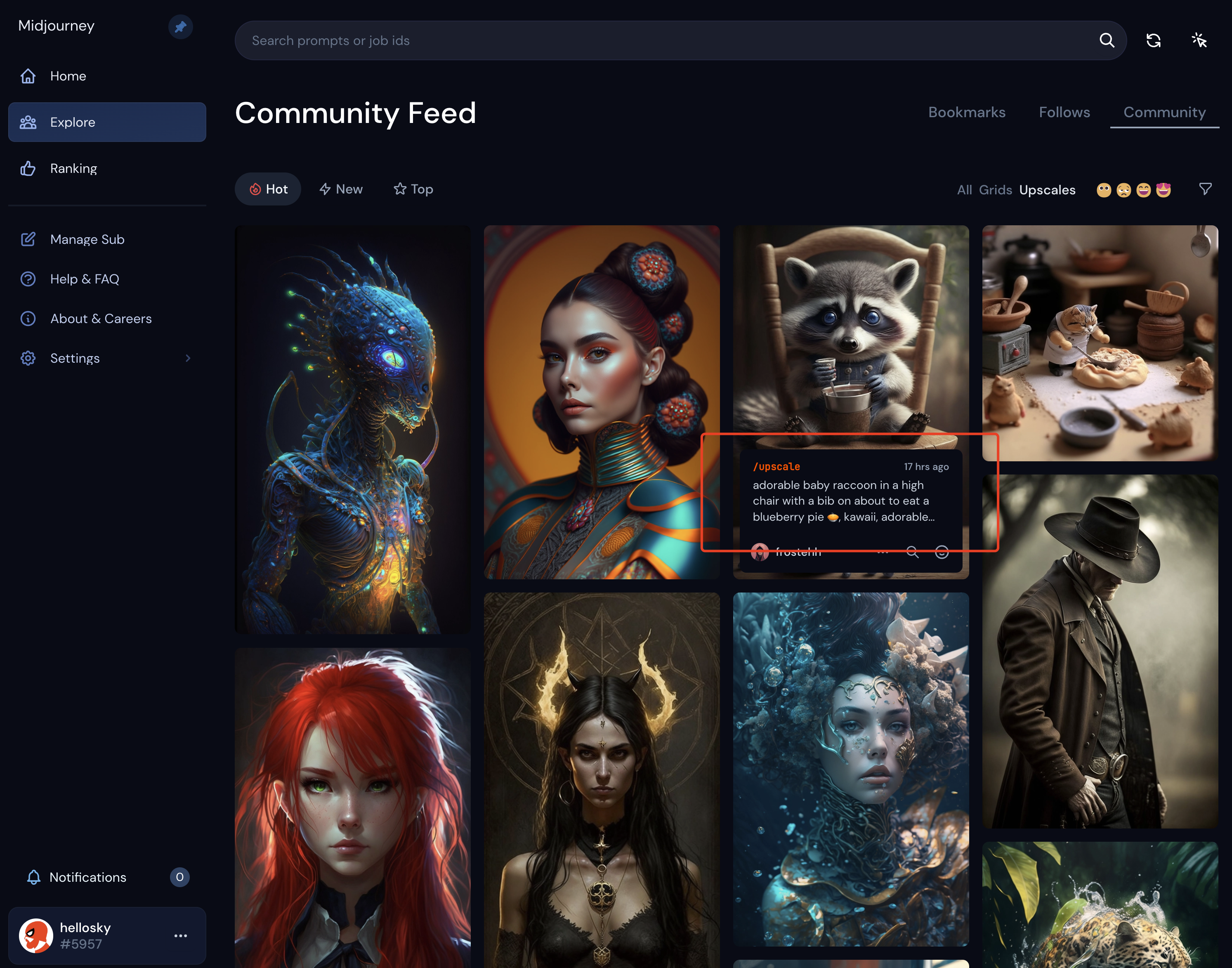 图片展示的是Midjourney网站的“Community Feed”界面，界面中呈现多张AI生成的艺术图片。红框突出部分显示了一条提示词信息，内容为“adorable baby raccoon in a high chair with a bib on about to eat a blueberry pie 🥧 kawaii adorable...”，表明这是生成右侧可爱浣熊宝宝图片的提示词，且提示词前有“/upscale”指令。图片与上下文关系紧密，是对文中提到的从网站找AI图并复制提示词这一使用方式的直观示例展示。