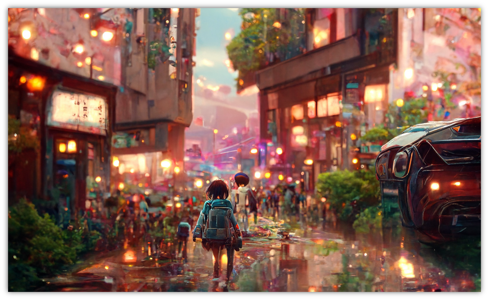 图片展现了一幅超细致的城市街道动画场景。街道上有行人走动，画面近处，一个背着背包的人物正走在湿漉漉的街道上。街道两旁是林立的建筑，建筑上亮着多彩的灯光，营造出繁华的氛围。远处的天空中光影交错。此图对应前文图1的提示词“A beautiful ultradetailed anime illustration of a city street by beeple,makoto shinkai,and thomas kinkade,anime art wallpaper 4k,trending on artstation”，是该提示词的生成效果展示。