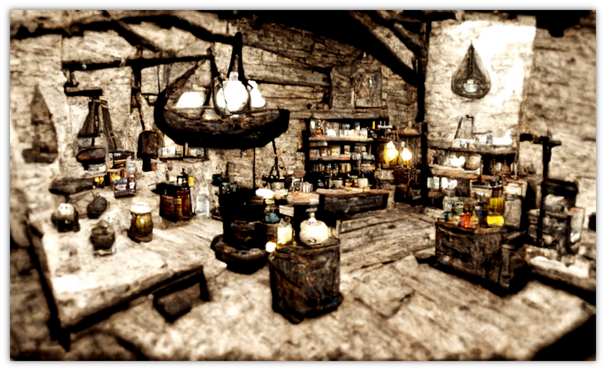图片展示的是质朴的炼金店内部场景。店内墙壁和地面由石头和木材构成，显得古朴。架子上、桌面上摆满了各种瓶瓶罐罐，装着不同颜色的液体和物品，还有悬挂的灯具照明。画面营造出一种神秘的氛围。此图对应文档中“图4”，其英文提示词为“Rustic interior of an alchemy shop”，下方中文是对提示词的翻译，通过这张图可直观看到该提示词的生成效果，帮助学习者理解优质提示词与对应图像的关系。
