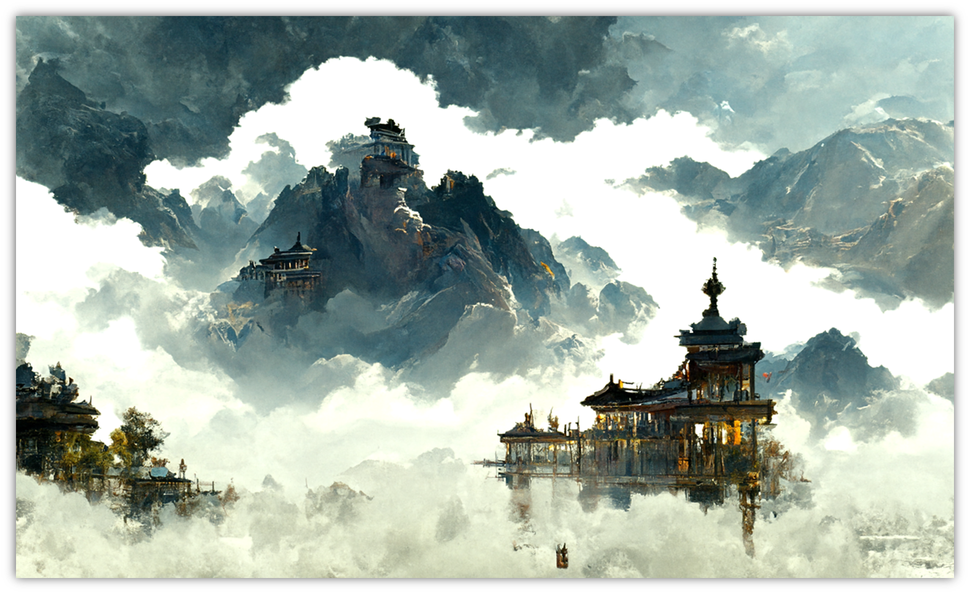 图片展现了云环绕的山脉，其上坐落着中国宫殿建筑。画面中云雾弥漫，山脉巍峨，宫殿建筑古朴典雅，分布于山间或山顶。阳光洒下，给部分建筑和山脉染上暖色调，营造出一种梦幻且壮阔的氛围。湖泊虽未明显显示，但从提示词可知应有相关元素。这张图片对应上文“云环绕山脉和中国宫殿，阳光，湖泊，远眺，虚幻引擎，光效果，梦想，Greg Rutkowski风格，James Gurney风格，艺术站风格”的提示词描述。