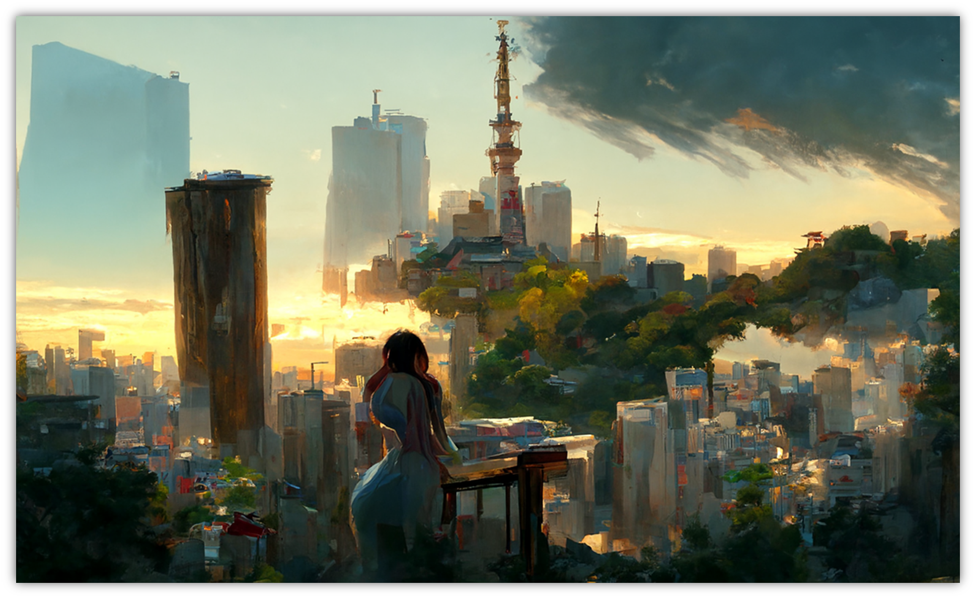 图片展现了在晨光中俯瞰东京城市的景象。画面中，一位身着浅色服饰的人物背对着镜头，坐在一处高地，望向远处的城市。城市里高楼林立，标志性建筑东京塔尤为显眼，阳光洒在建筑和植被上，营造出温暖的氛围。天空中部分区域被厚重的云层覆盖，光影对比明显。这幅图对应文档中“图6”的提示词描述，呈现出greg rutkowski和thomas kinkade风格，趋近artstation makoto shinkai风格。