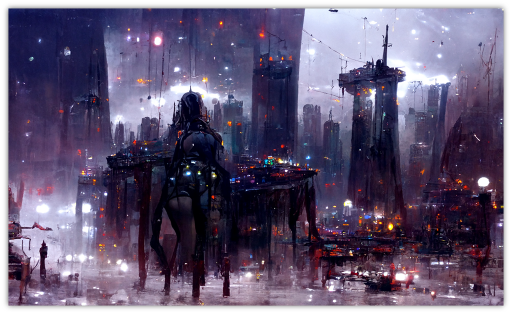 图片展现了一幅赛博朋克风格的城市夜景，从下往上的视角。画面中有高耸林立的建筑，建筑上闪烁着五彩斑斓的灯光，营造出科技感与未来感。空中弥漫着雾气，地面湿漉漉的似刚下过雨。画面近处有一个类似人形机械的身影背对而立。此图对应上文图7的描述，即“赛博朋克城市夜晚，下面视角，城市景观，雾，雨，艺术站风格，Greg Rutkowski风格”，是优质提示词对应的示例图片。