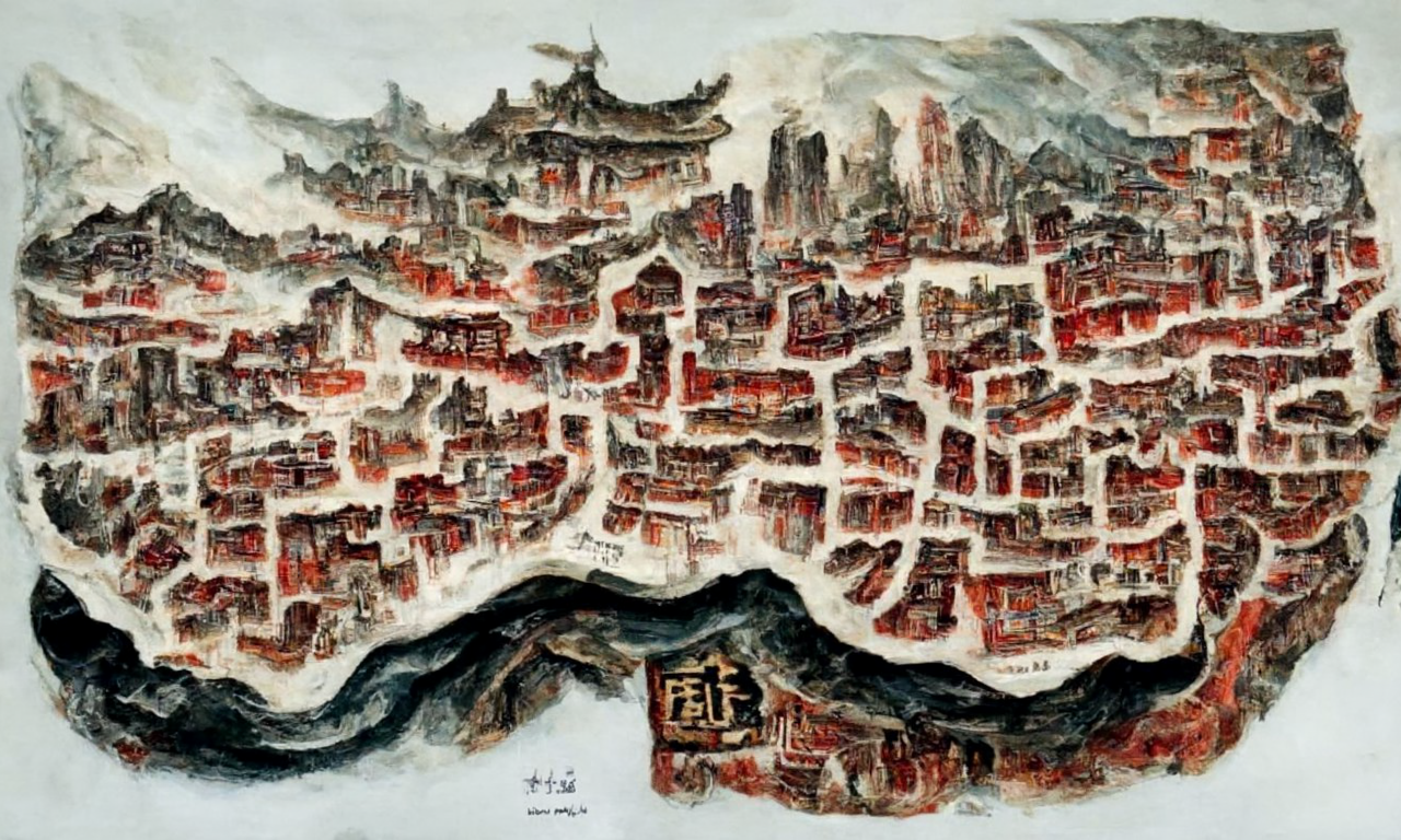 图片是一幅中国城市图画，展现了错落有致的建筑群，建筑以红、棕色调为主，布局紧密。画面下方似有河流蜿蜒，上方有山峦环绕，山顶处有建筑矗立。整体画风富有艺术感，色彩搭配和谐，营造出古朴的氛围。此图对应文档中“图9”，与上下文一同作为优质提示词对应的图片示例，用于提示词学习。