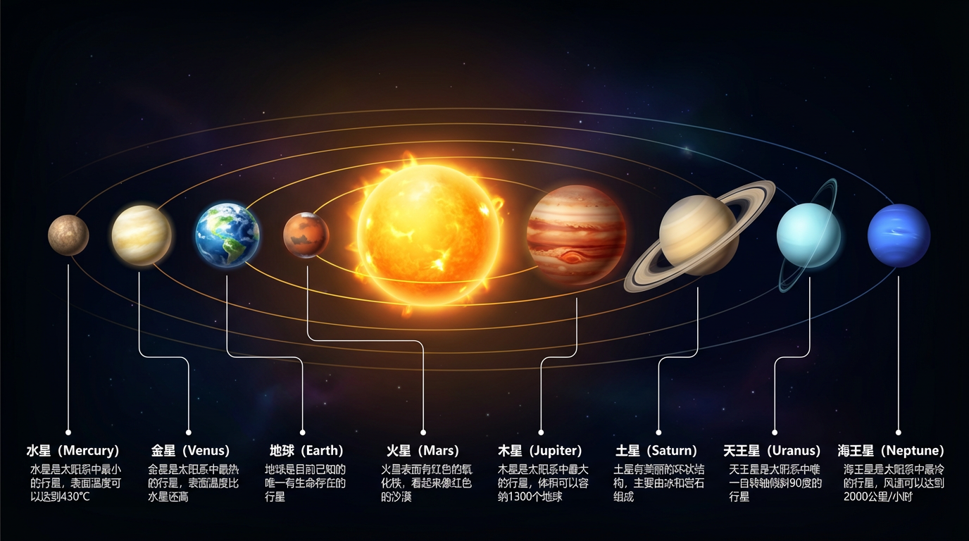 图片展示了一个太阳系图表，背景为黑色，太阳位于中心，周围环绕着八大行星。行星按距离太阳由近及远依次为水星、金星、地球、火星、木星、土星、天王星、海王星，每个行星旁配有其英文名称及简要介绍。如水星是太阳系中最小的行星，表面温度可达到430℃；金星是太阳系中最热的行星，表面温度比水星还高；地球是目前已有记载的唯一有生物生存的行星等。该图与文档中“第5组：太阳系图表（测试物理逻辑）”的Prompt相契合。