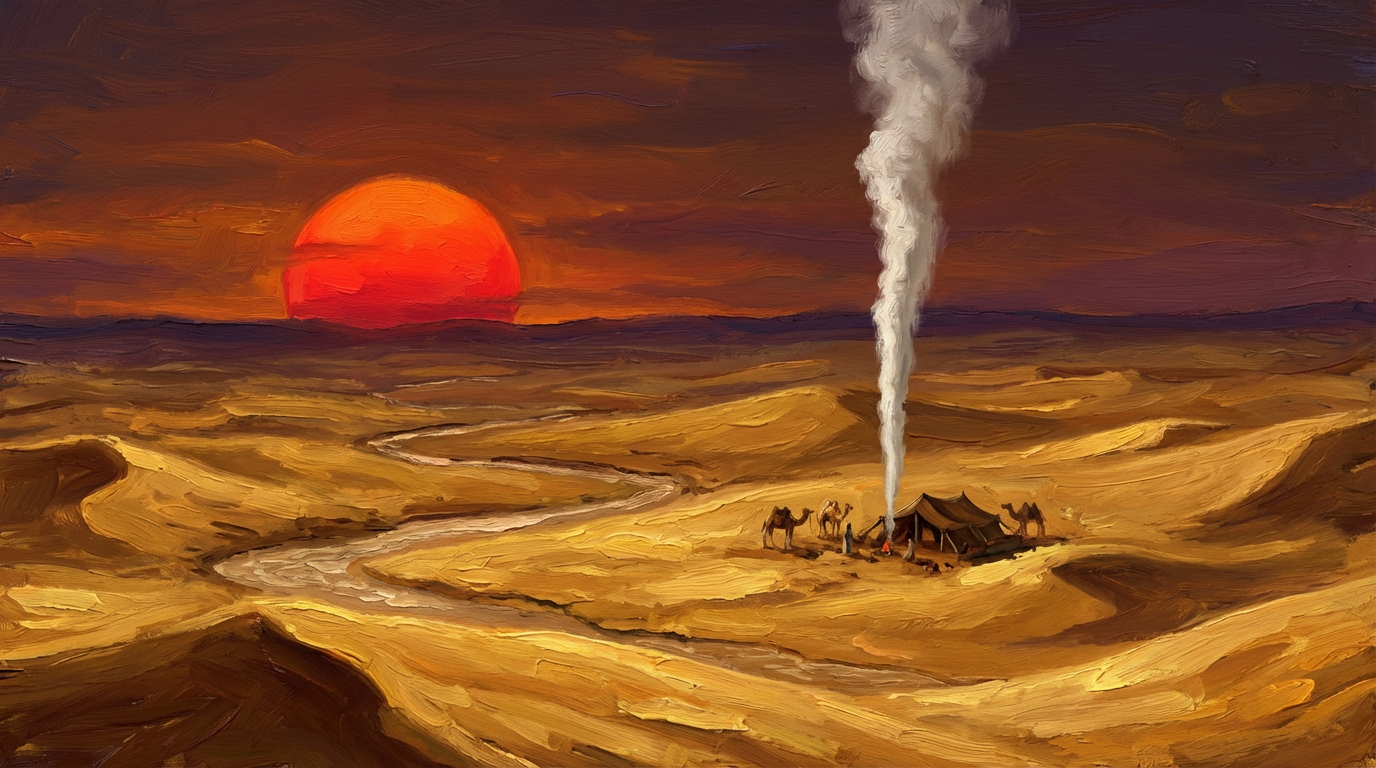 图片展示了一幅油画风格的沙漠景象。画面中，一轮巨大的红色夕阳悬于天际，地平线处有笔直的白色烟雾升腾。沙漠广阔无垠，沙丘起伏，一条蜿蜒的河流穿行其间。近处，几只骆驼和一个帐篷点缀在画面中，帐篷旁有火光。画面整体色调以暖色为主，光影层次丰富，展现出苍凉而壮阔的史诗感，与文档中基于唐诗“大漠孤烟直，长河落日圆”生成的画面描述相契合。