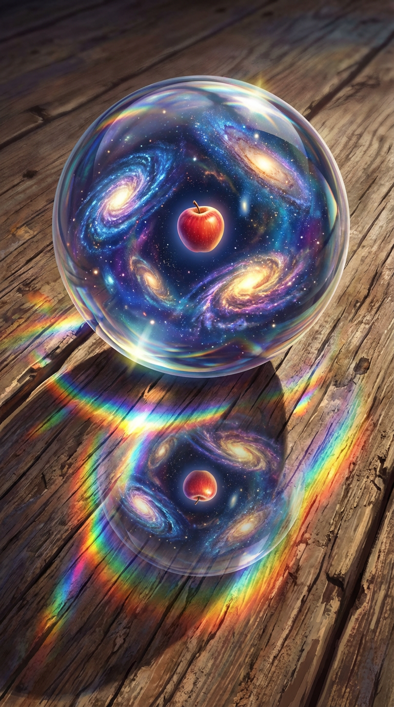 图片展示了一幅超现实主义画作，画面中一个透明的水晶球悬浮在木质桌面上，内部漂浮着一个红色苹果，周围环绕着旋转的星系和星云。水晶球在木桌上投射出彩虹般的焦散光斑，同时准确地倒映出内部的星系。这幅画作与上下文提到的“超写实微距美食(测试纹理与食欲感)”相呼应，体现了超现实主义风格与微缩宇宙概念的结合。
