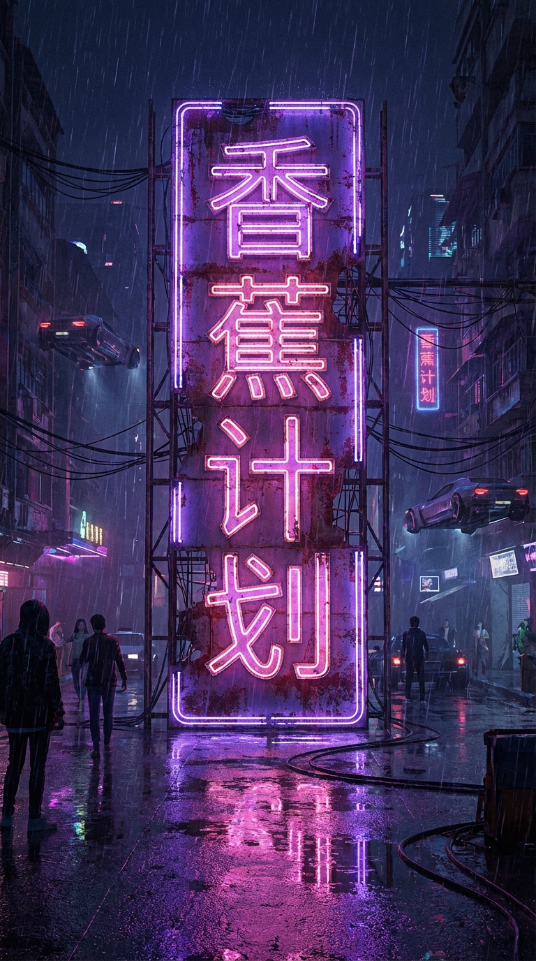 图片展示了一张赛博朋克风格的街道夜景照片。画面正中央有一个巨大的、破旧的霓虹灯招牌，招牌上用标准的中文楷体清晰地写着四个大字“香蕉计划”，招牌滋滋作响，闪烁着粉紫色的光芒，照亮了下方的积水路面。招牌周围有电线纵横交错，街道上有行人和车辆，远处建筑的窗户透出灯光。这张图片与文档中“中文文字生成测试（OCR杀手）”的上下文对应，展示了AI生成的赛博朋克风格图片效果。