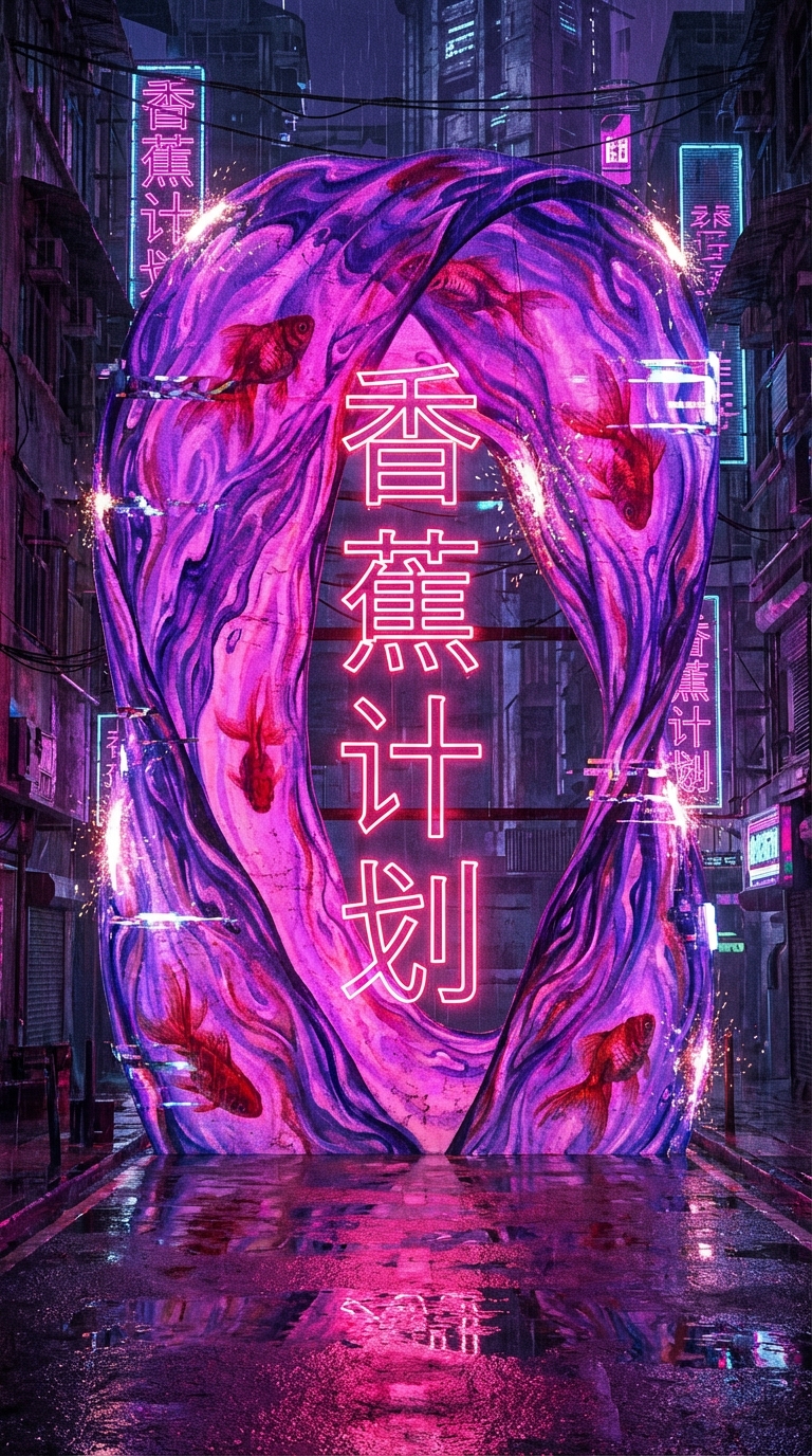 图片展示了一张赛博朋克风格的街道夜景照片，画面正中央有一个巨大的、破旧的霓虹灯招牌，招牌上用标准的中文楷体清晰地写着四个大字“香蕉计划”。招牌呈现出粉紫色的光芒，照亮了下方的积水路面，周围环境昏暗，街道两旁建筑林立，霓虹灯闪烁，营造出一种未来科技感。该图片与文档中“中文文字生成测试（OCR杀手）”的上下文对应，是对测试Prompt中“香蕉计划”文字生成效果的呈现。