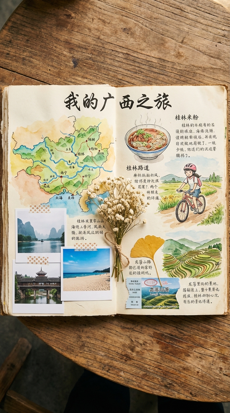 图片展示的是“我的广西之旅”主题的开放创意旅行手账。左侧是手绘的广西地图，标注城市名称。右侧有桂林米粉、桂林道路、龙脊梯田等插画，还贴有桂林山水、风雨桥等照片。页面中央有手写中文旅行笔记和书法标题，底部有压花的银杏叶和景点门票。整体呈现温馨且充满细节的旅行手账风格，与文档中介绍的实测案例相契合。