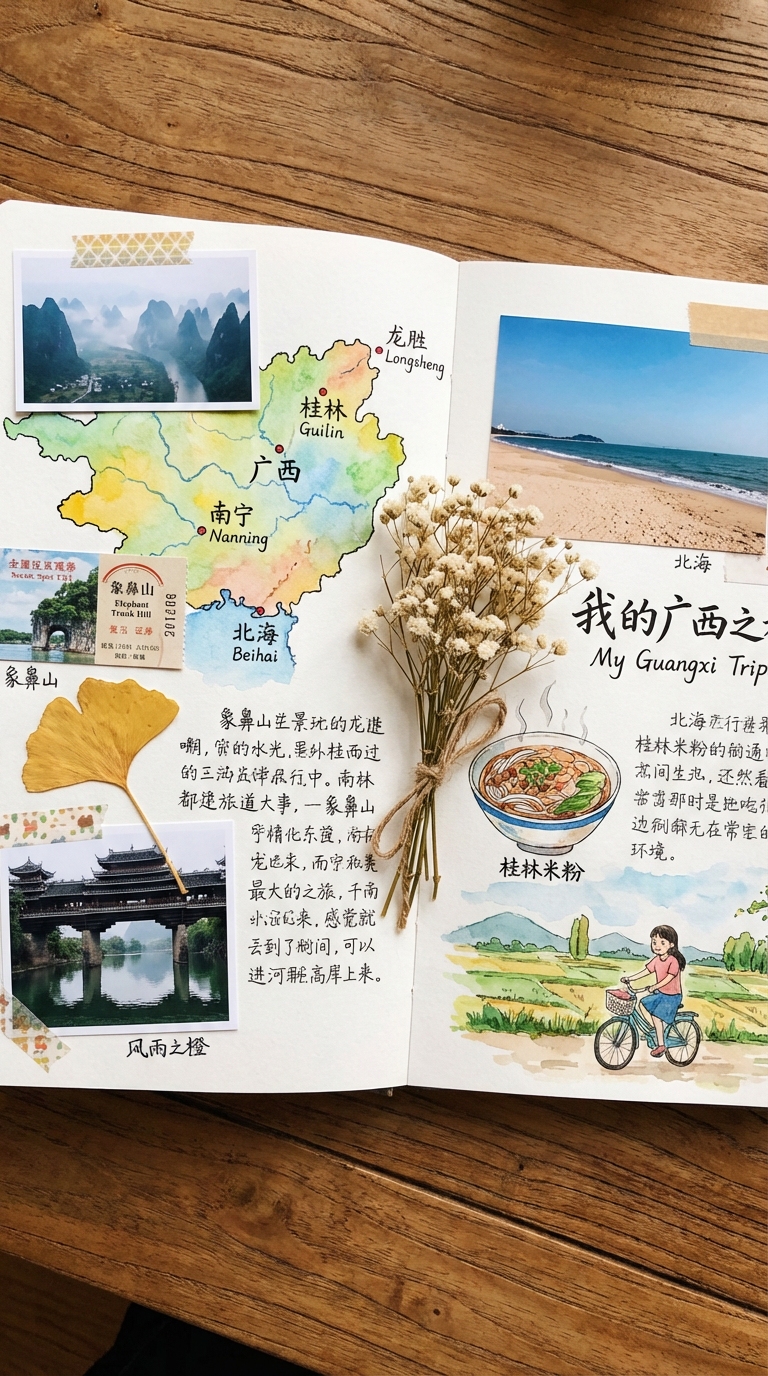 图片展示了一本“My Guangxi Trip”主题的创意旅行手账。左侧页面有手绘地图，标注城市名称，附有桂林山水等照片。右侧页面有北海海滩照片，以及手绘的桂林米粉、骑车女孩、长吉梯田等插画。页面上还粘贴有黄叶、门票等小物件，配有手写中文旅行笔记和书法标题。整体呈现温馨且充满细节的旅行记录风格，与文档中介绍的实测案例相契合。