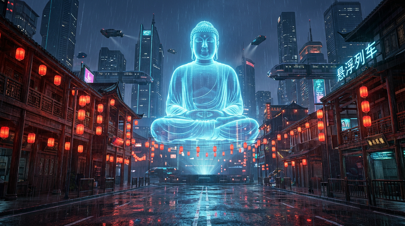 图片展示的是赛博朋克风格的重庆洪崖洞夜景。画面中央是一座巨大的全息投影佛像，呈现出半透明的霓虹蓝色。周围是密集的摩天大楼和悬浮列车，街道两旁挂满了红色的发光灯笼，路面湿润反射着五光十色的霓虹灯光。画面右上角有“悬浮列车”字样。该图与文档中对赛博朋克风格重庆洪崖洞夜景的描述相契合，直观呈现了文档所要求的场景。